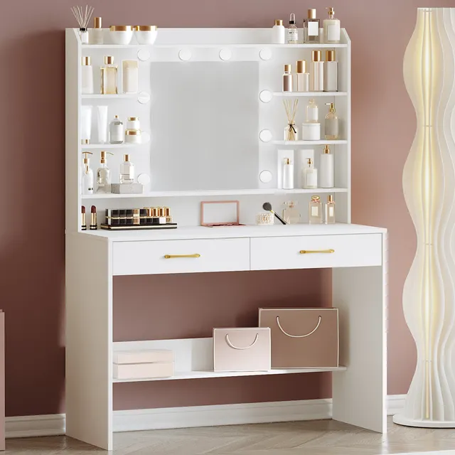 hzuaneri-bedroom-schminktisch-mit-spiegel-wei-2-schubladen-dimmbar image 1
