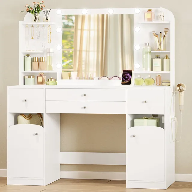 hzuaneri-bedroom-schminktisch-wei-mit-led-spiegel-4-schubladen image 1