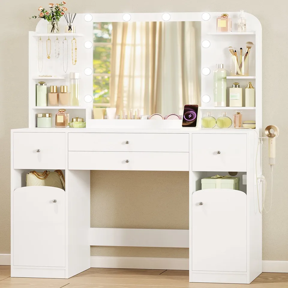 hzuaneri-bedroom-schminktisch-wei-mit-led-spiegel-4-schubladen image 1