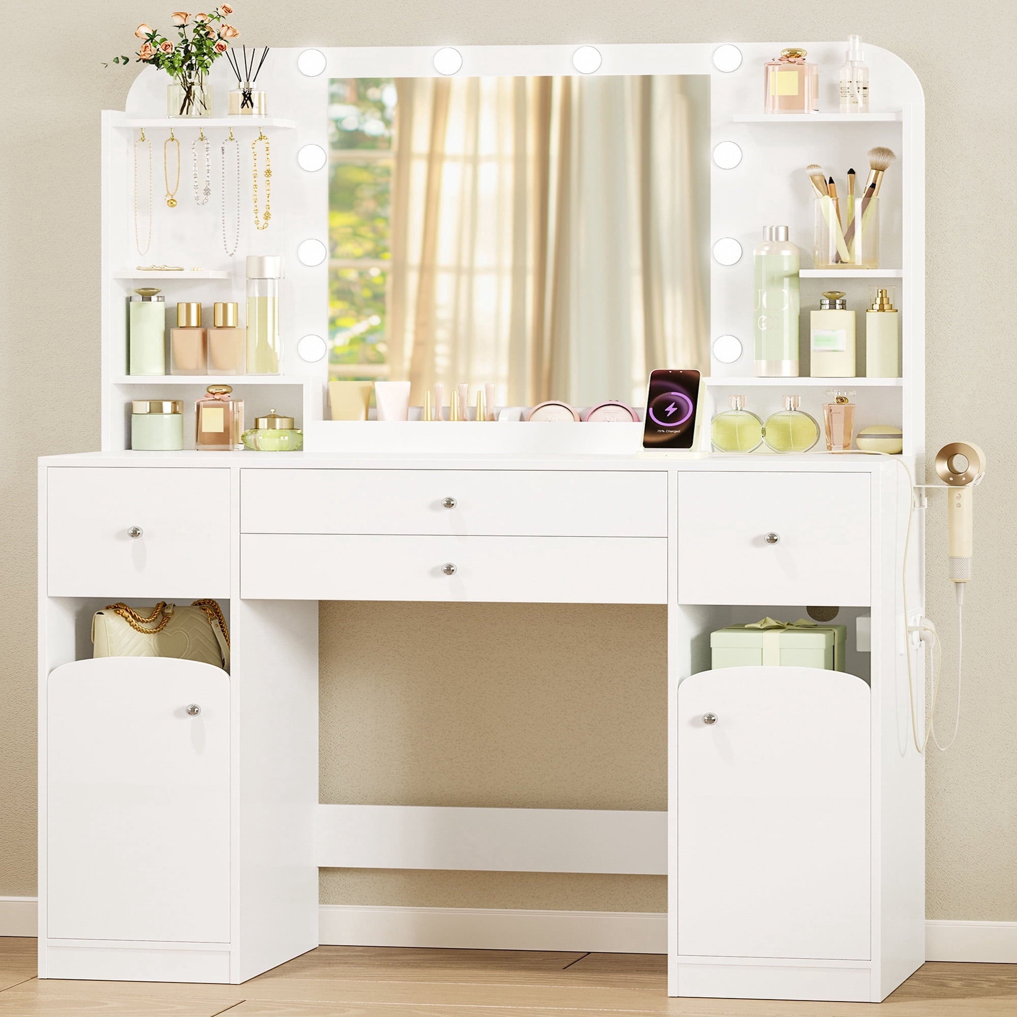 hzuaneri-bedroom-schminktisch-wei-mit-led-spiegel-4-schubladen image 1