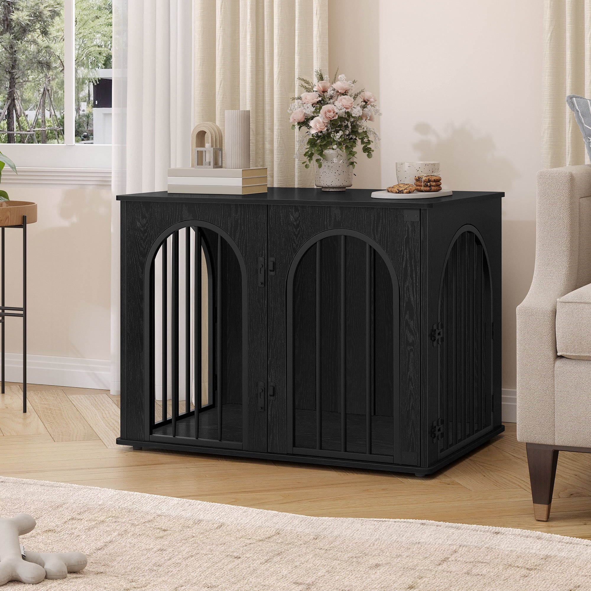 hzuaneri-pet-hundebox-m-bel-schwarz-holz-mit-kissen-klein image 3