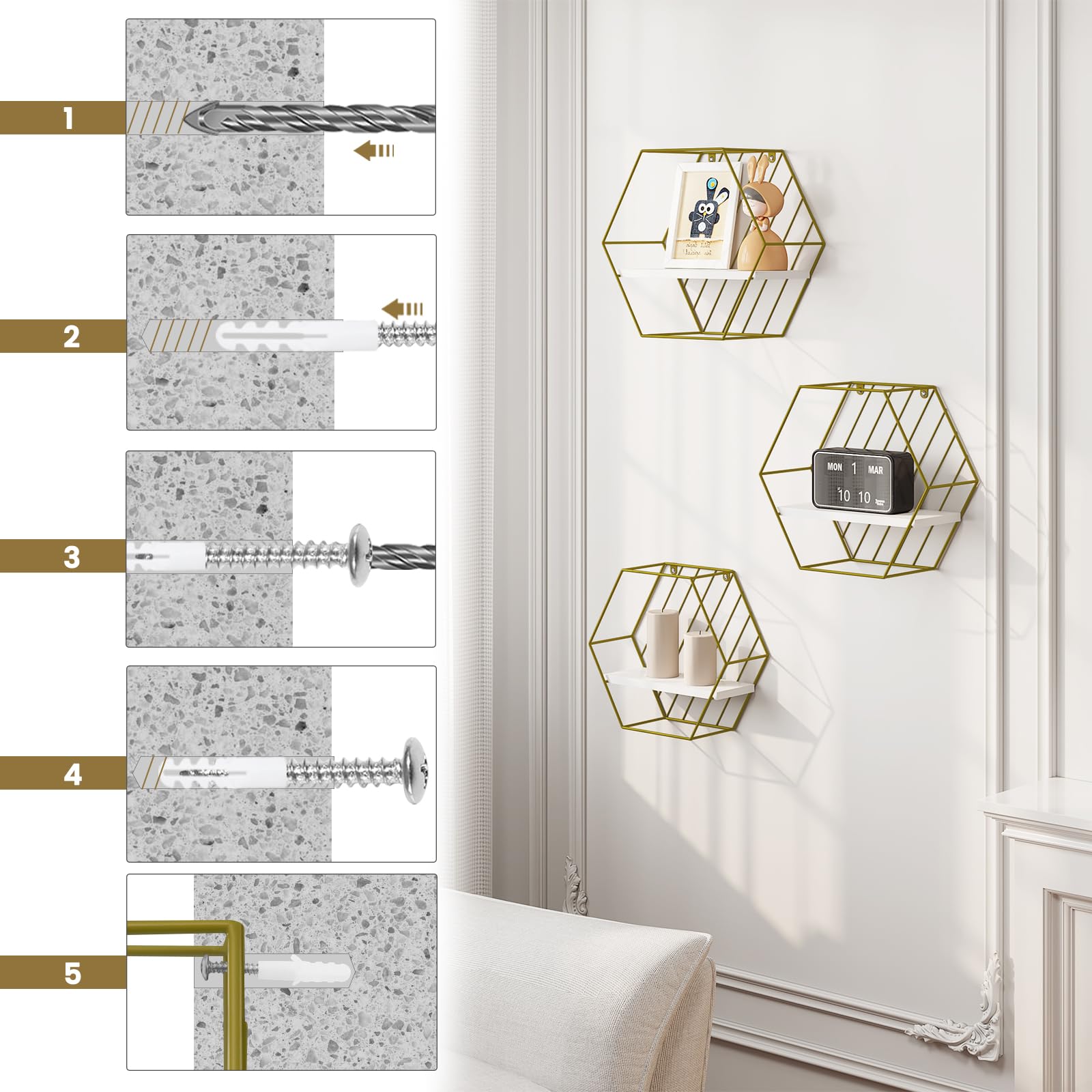 eugad-wandregal-3er-set-hexagon-wei-gold-schweberegal image 5