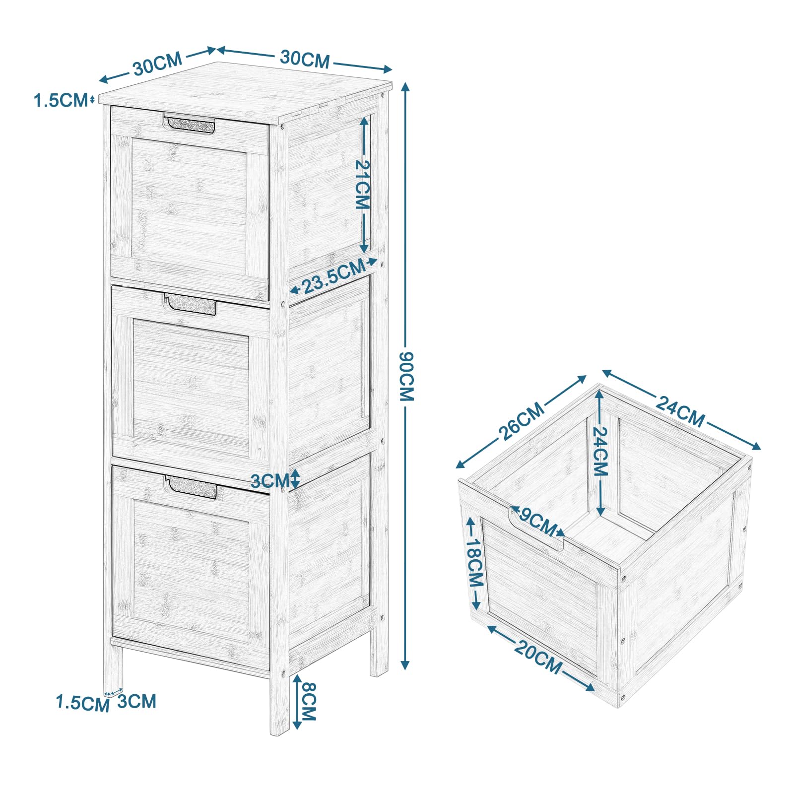 eugad-badschrank-bambus-badezimmerschrank-30x90x30-3-laden image 3