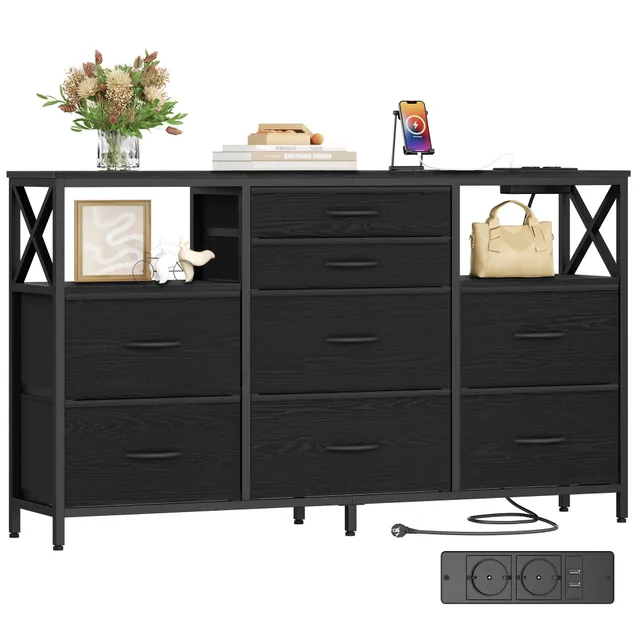 hzuaneri-bedroom-kommode-schwarz-140-cm-usb-8-stoffschubladen image 1