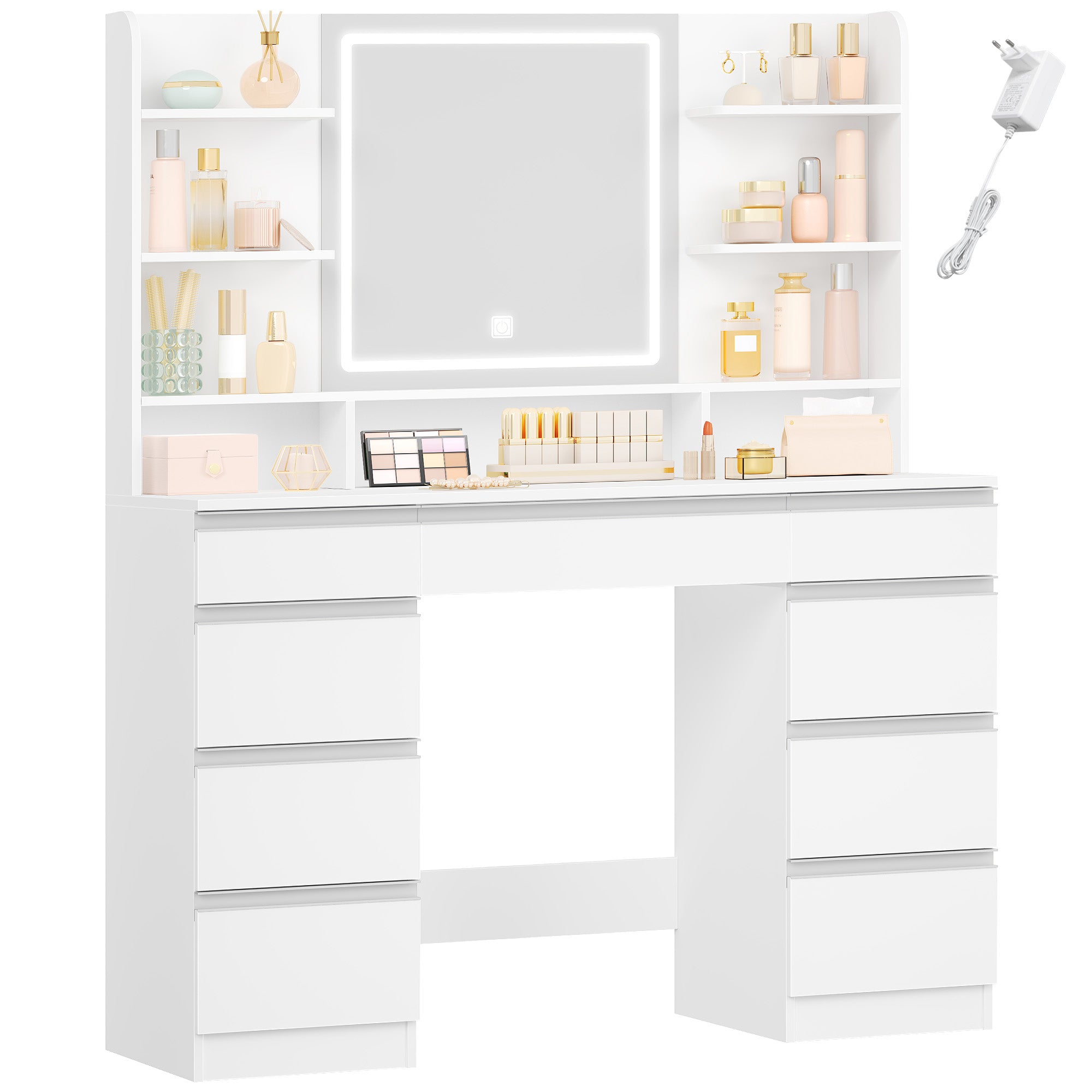hzuaneri-bedroom-schminktisch-led-spiegel-wei-silber-9-schubladen image 1